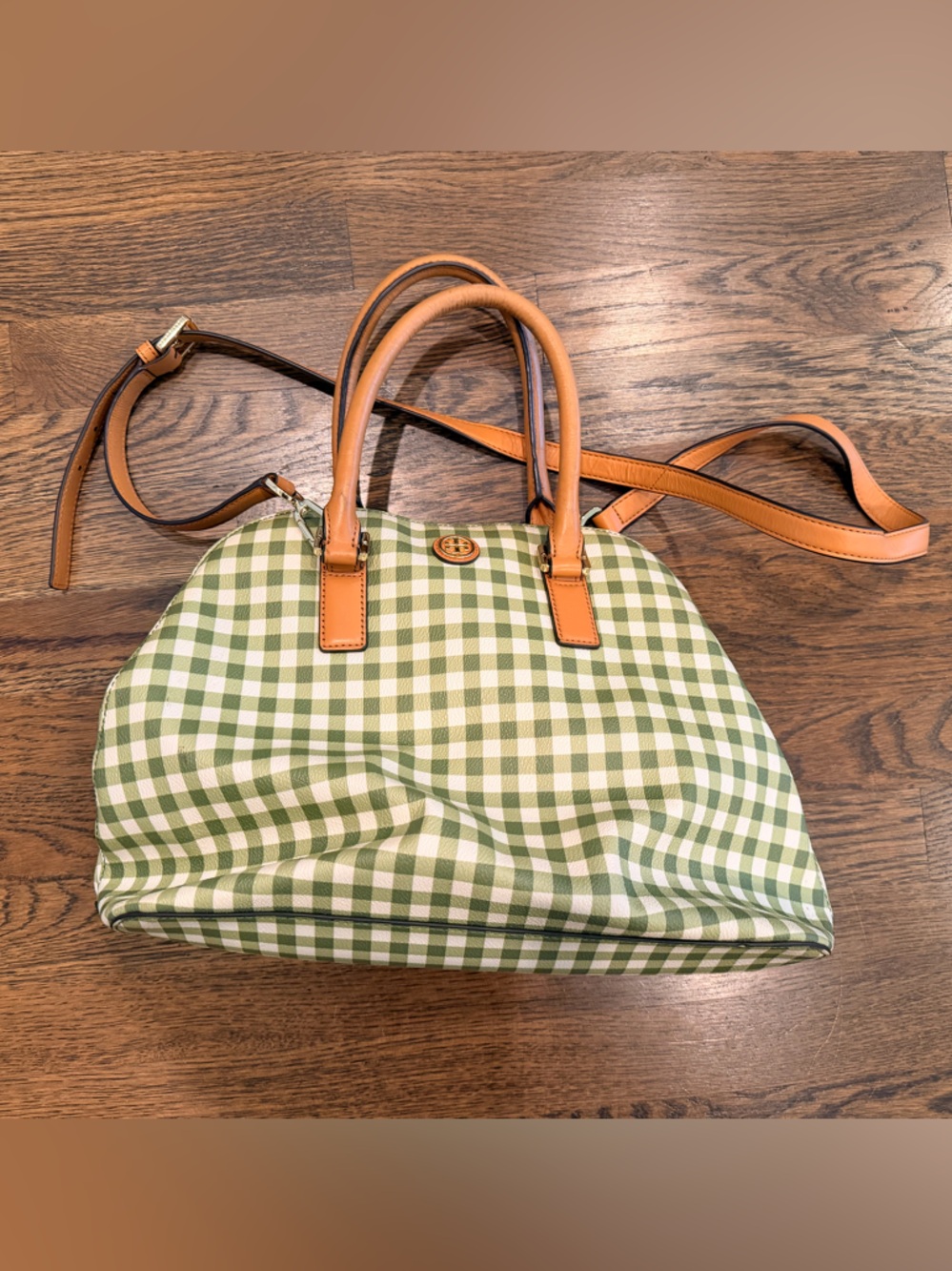 Tory Burch Kerrington Gingham Plaid Dome Tote Leaf Green VGUC